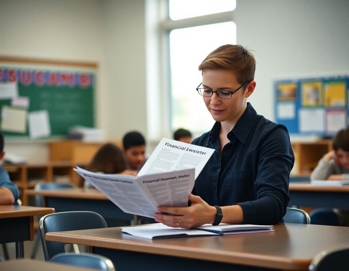 Elementary teacher reviewing effective financial literacy newsletter examples at a desk