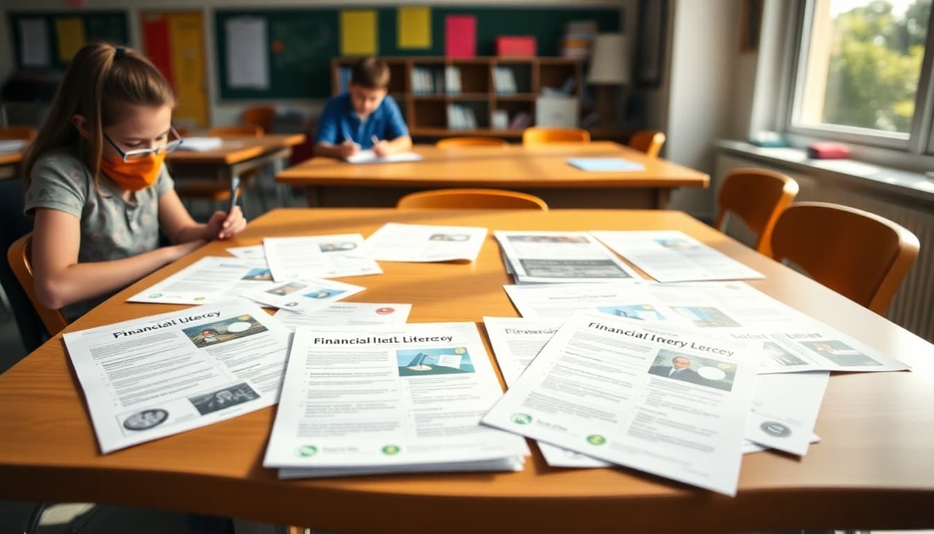 Collection of financial literacy teacher newsletter examples spread out on a classroom table
