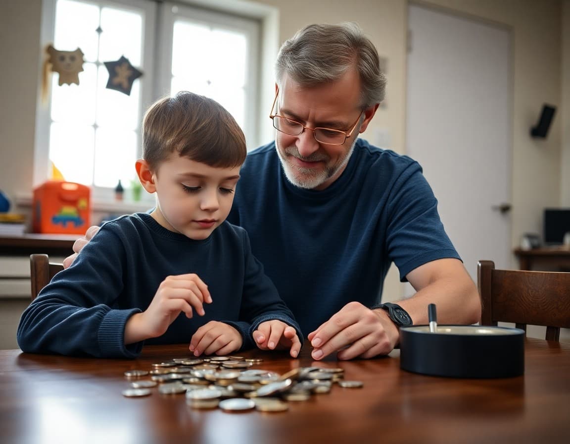 Elementary student and parent exploring coins and money concepts together at a home table