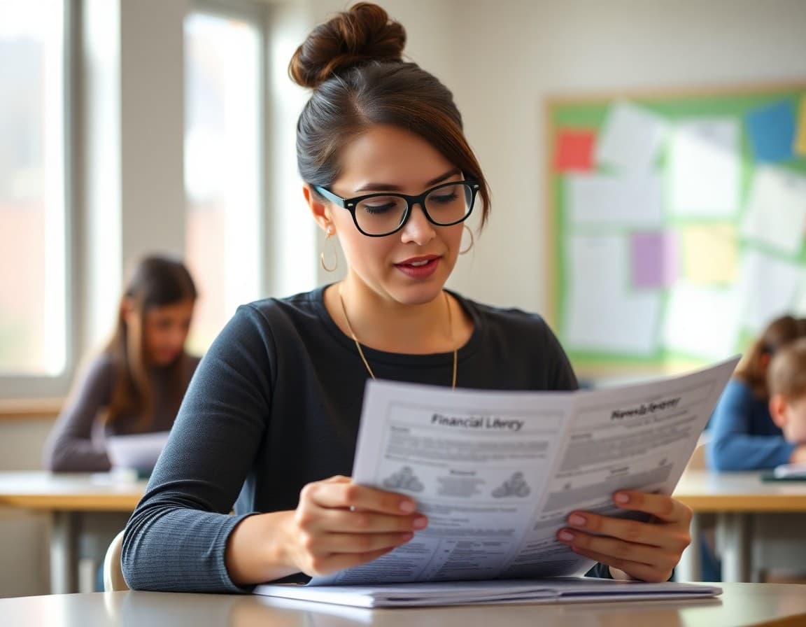 Teacher reviewing financial literacy test prep newsletter materials for elementary students
