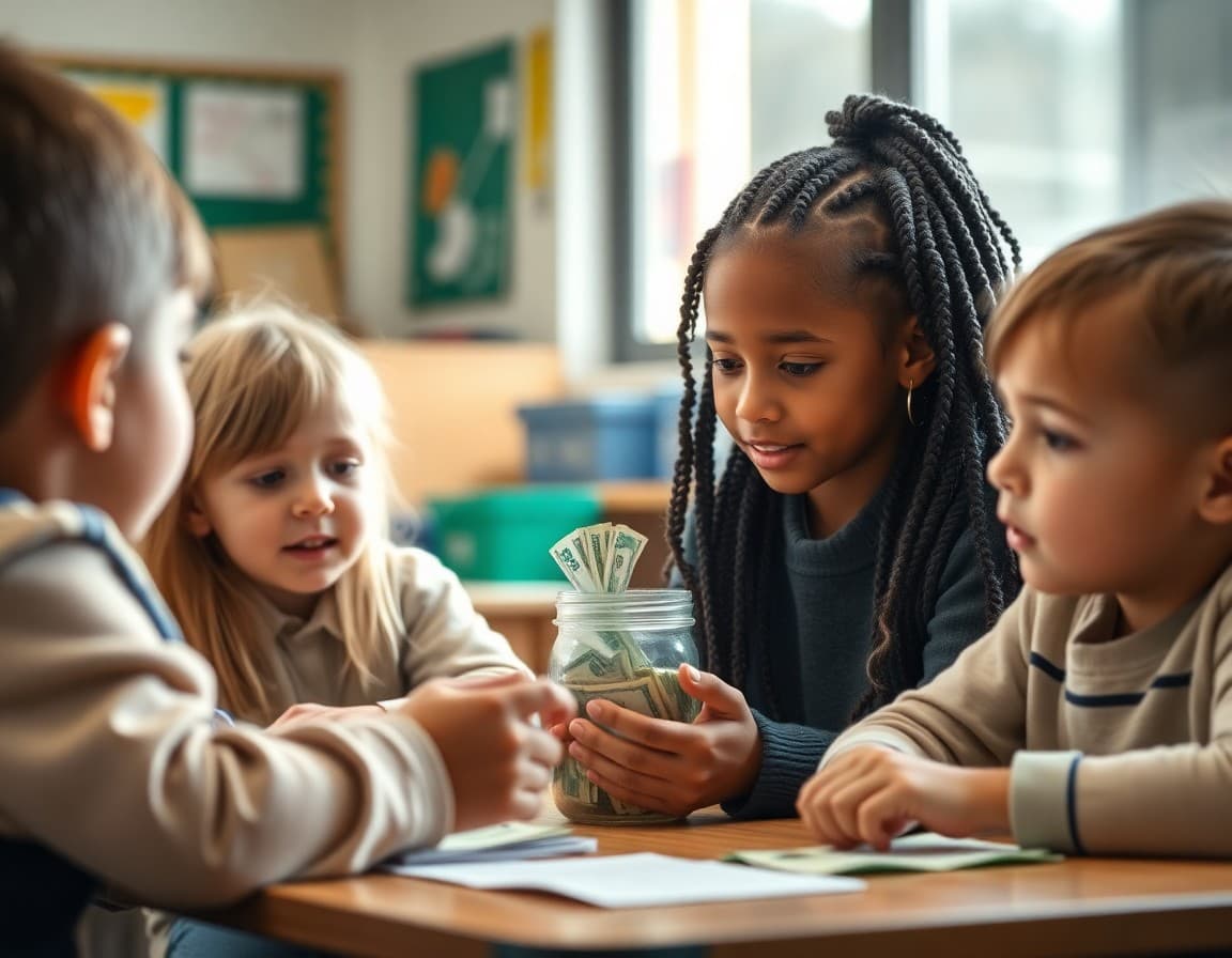 Young students learning about money and saving in an elementary classroom activity