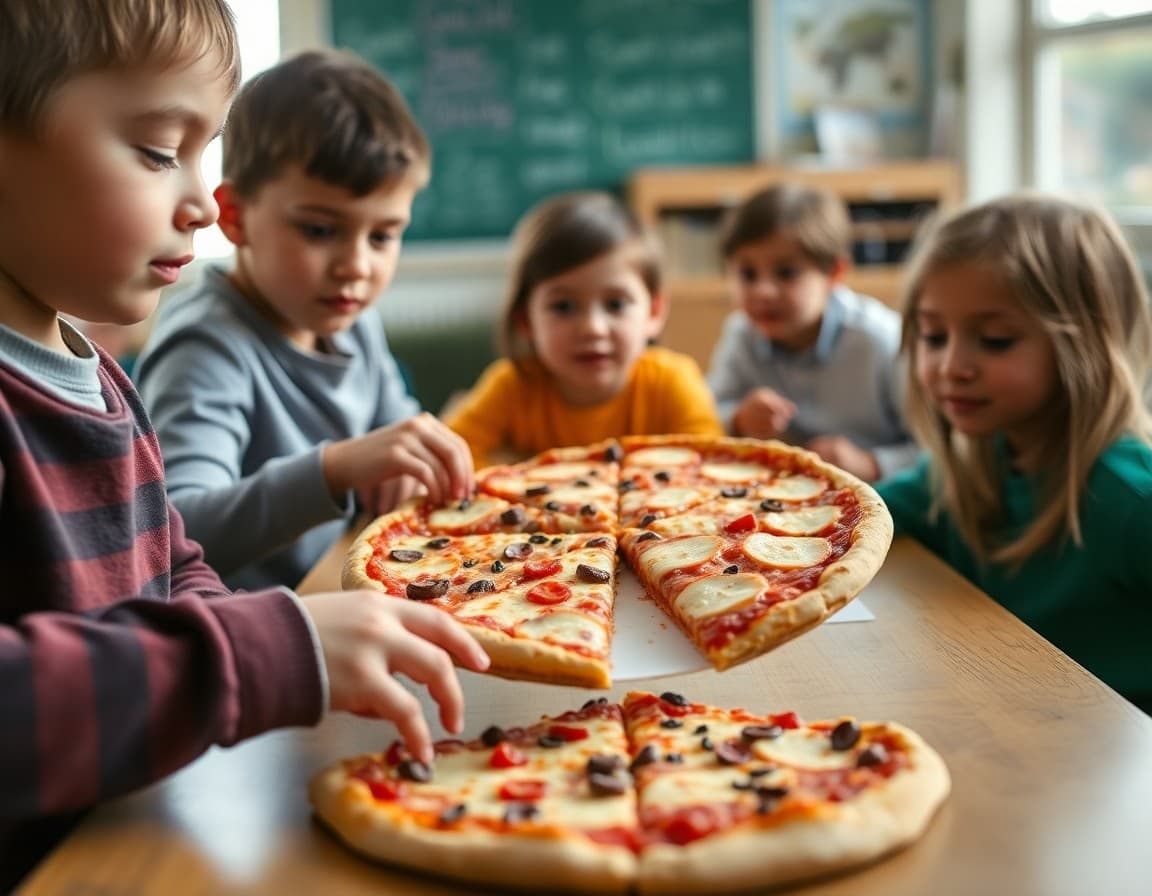 Pizza divided into equal slices showing fractions for an elementary math lesson