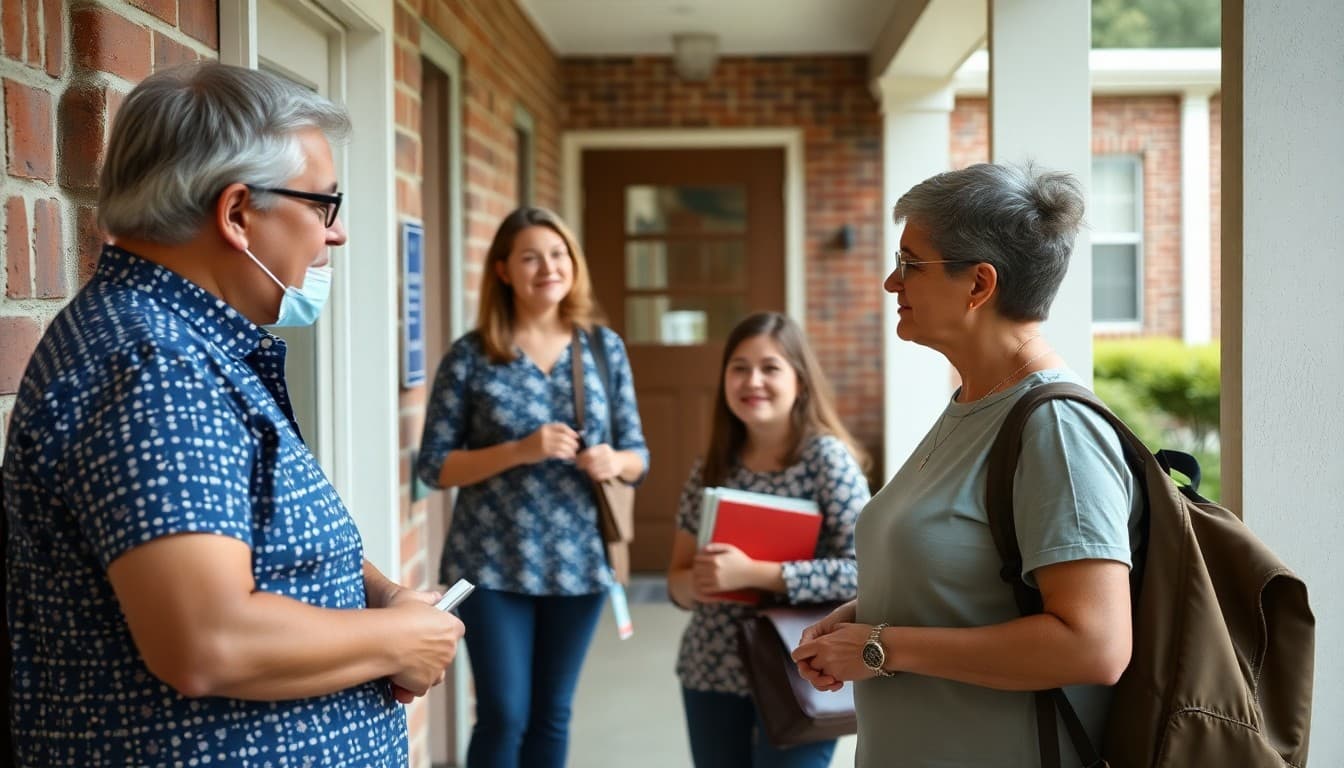 Georgia elementary school teacher talking with parents outside school in a suburban community