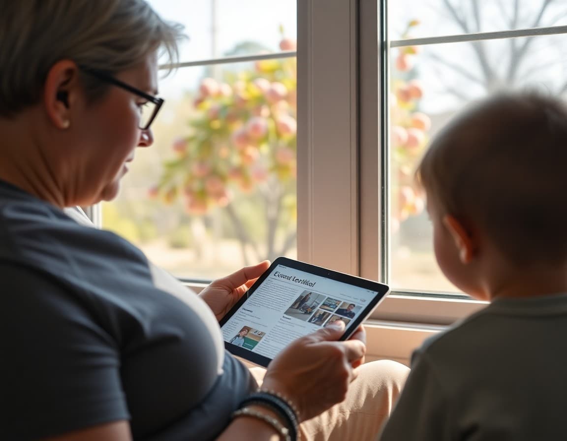 Parent reading Georgia elementary school newsletter on tablet with peach trees outside window