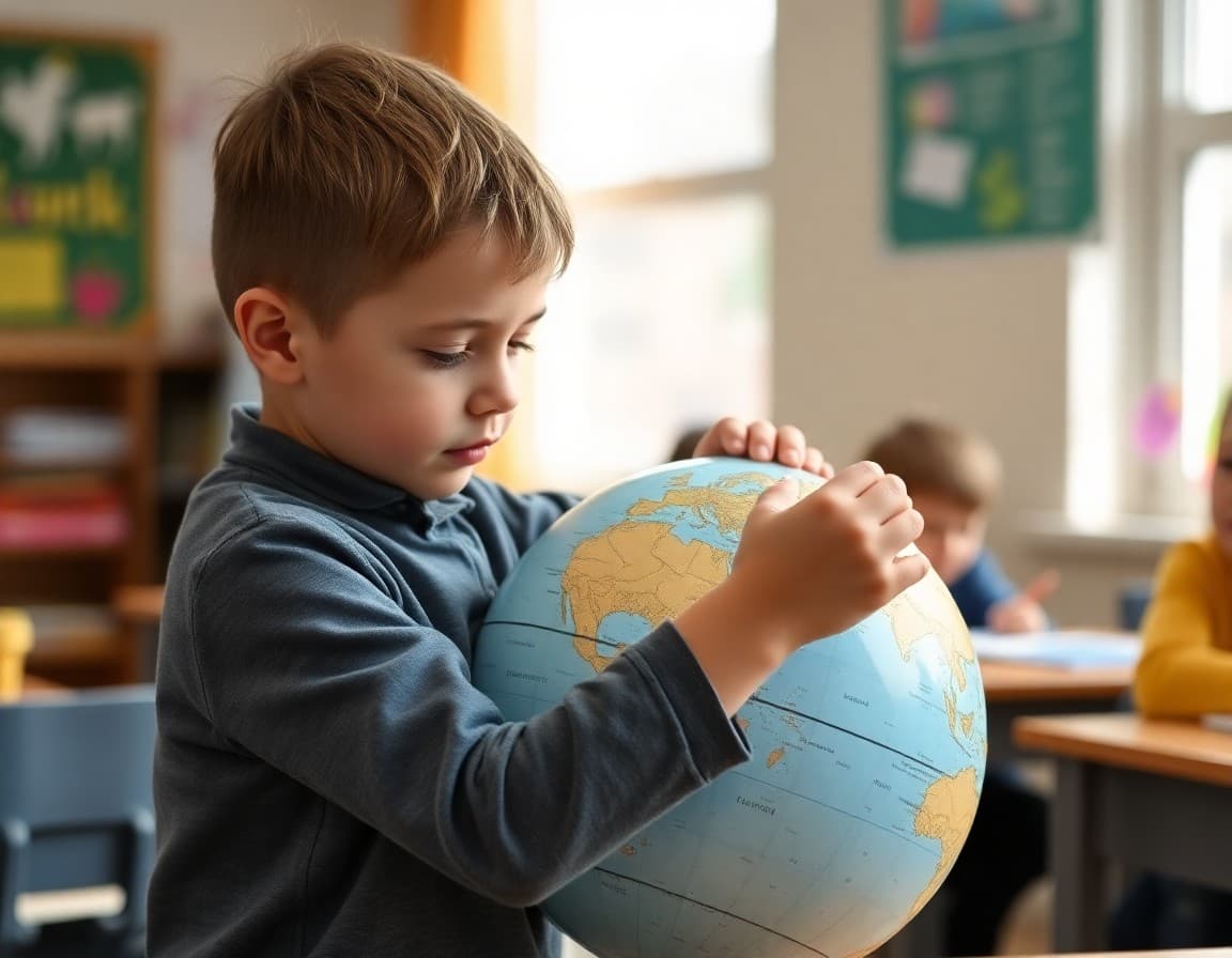 Child tracing continents on a globe during an elementary geography activity