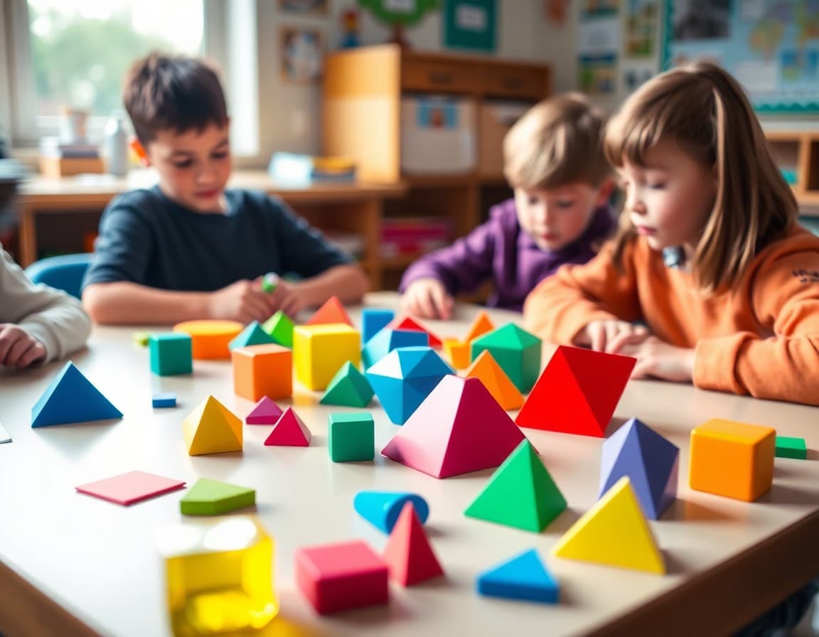 Colorful 2D and 3D geometric shapes arranged on a table for elementary school math