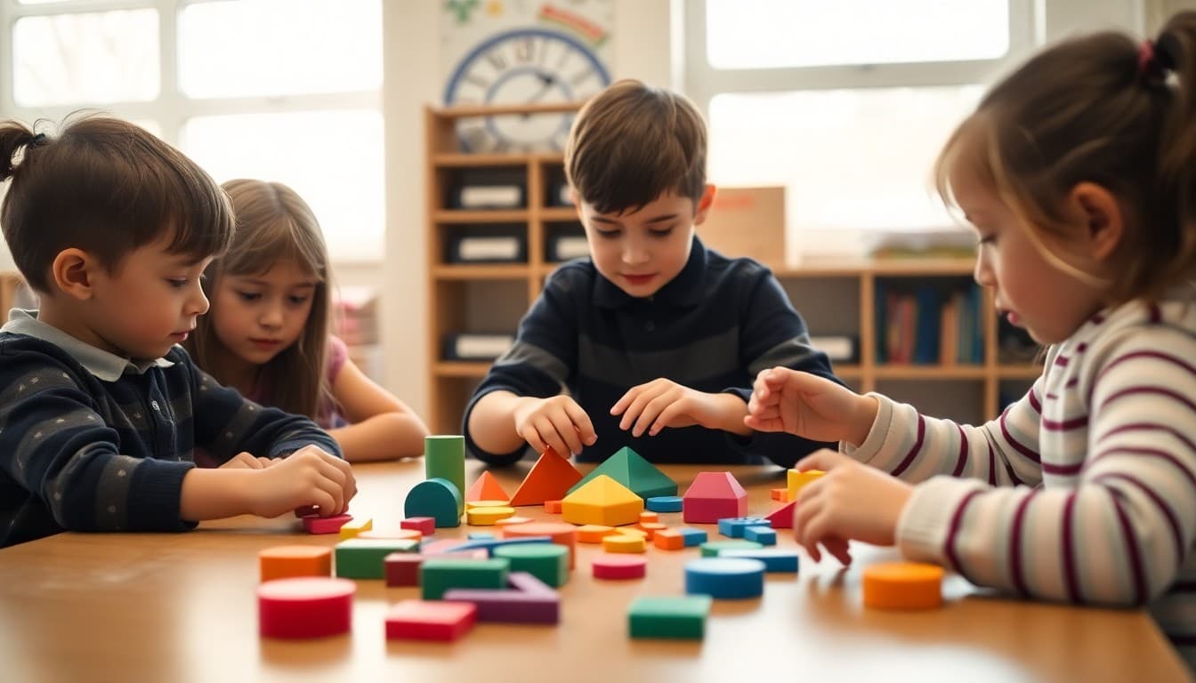 Elementary students using pattern blocks and geometric shapes during a math lesson