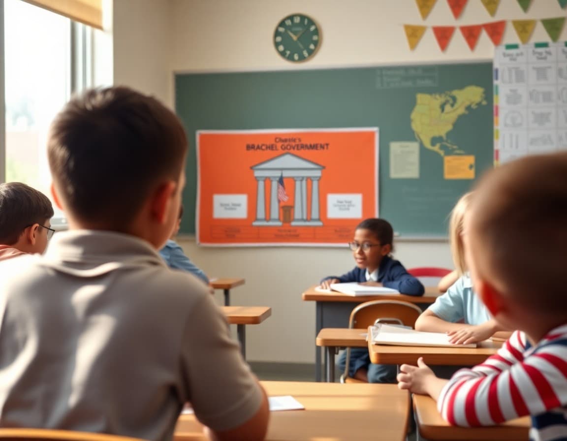 Diagram of three branches of government displayed in an elementary school civics classroom