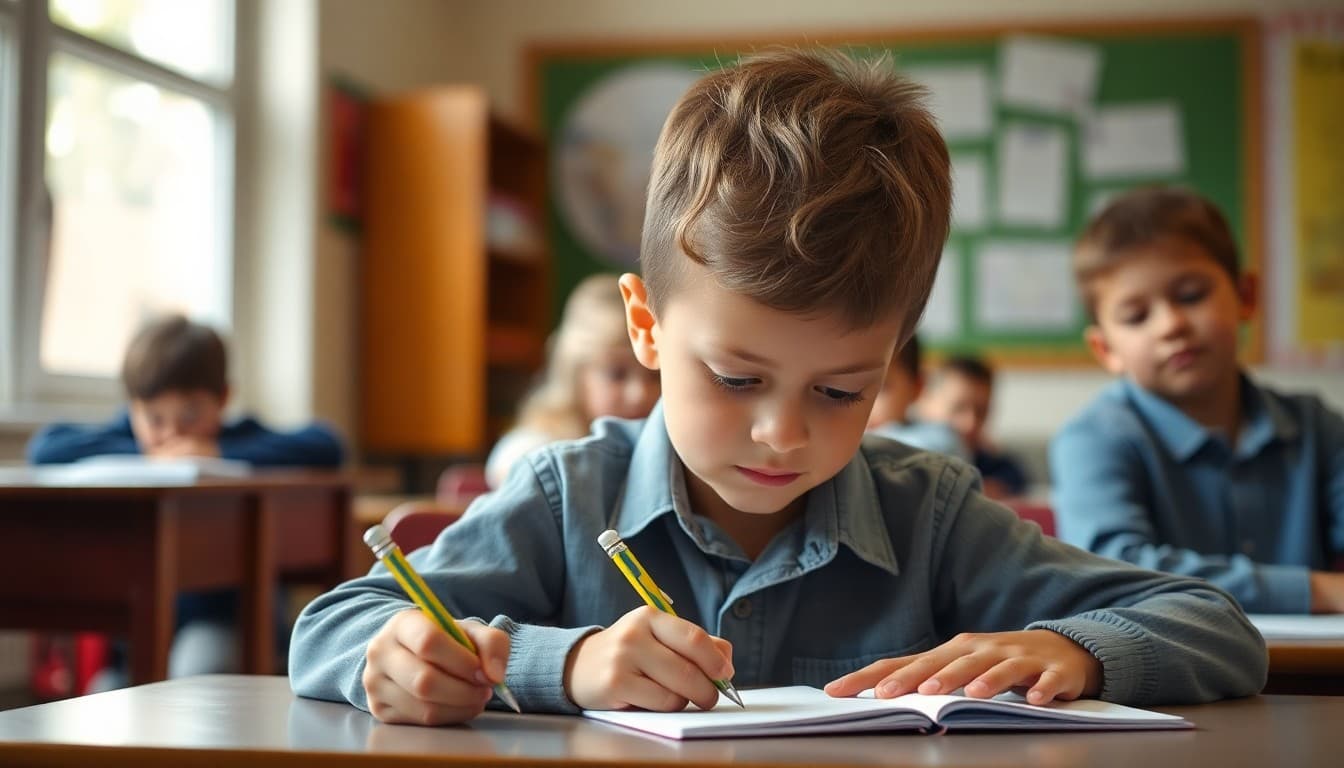 Elementary student writing sentences with correct punctuation during a grammar lesson