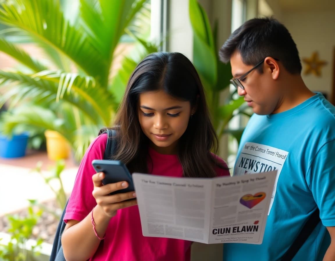 Parent reading Hawaii elementary school newsletter on phone near tropical garden