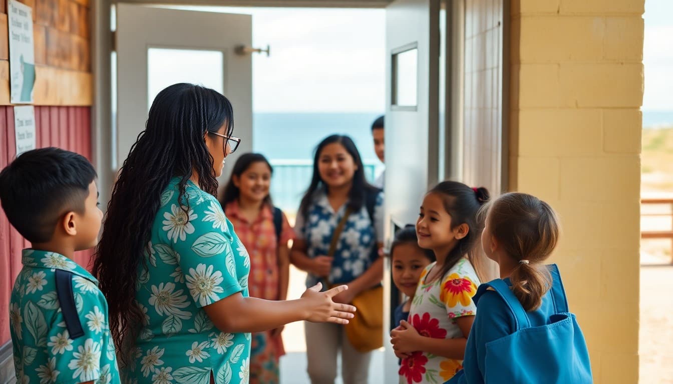 Hawaii elementary school teacher greeting diverse families at school gate with ocean in background