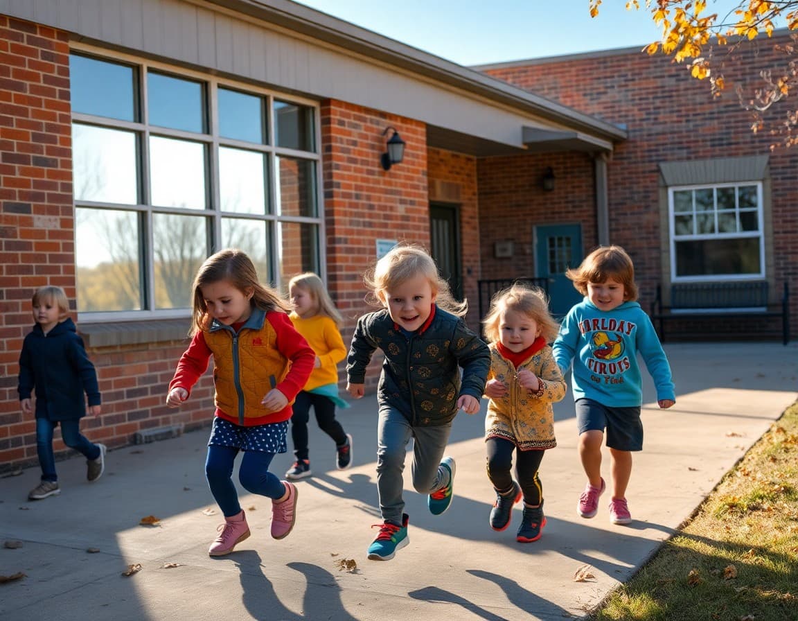 Children playing outside an Iowa elementary school on a bright autumn day