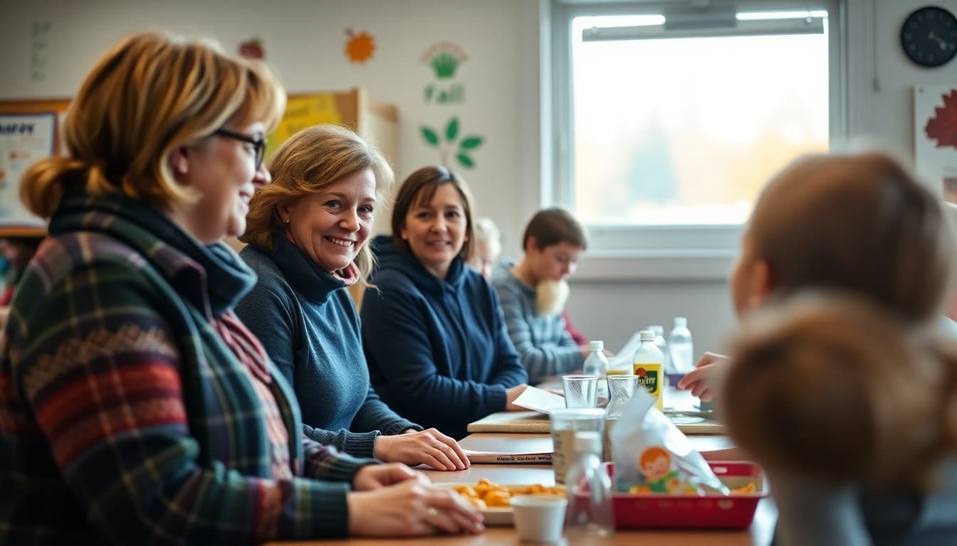 Iowa elementary school teacher and parents at a fall school event in a small community