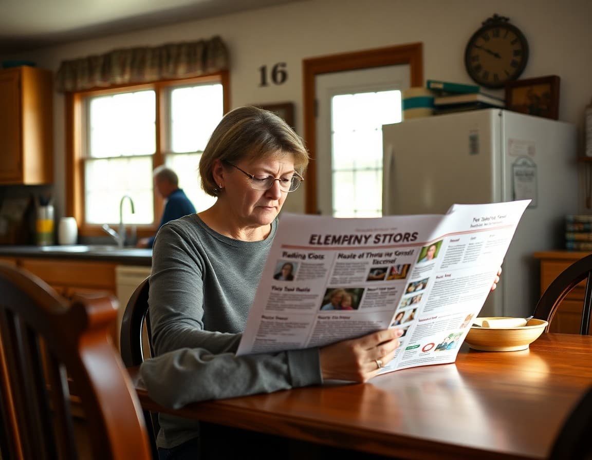Parent reading Iowa elementary school newsletter at kitchen table in Iowa farmhouse