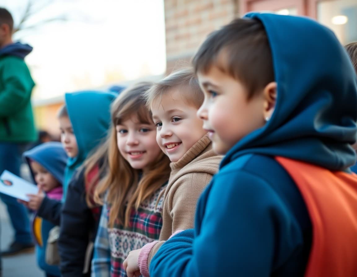 Elementary school children at a community event outside an Idaho school in fall