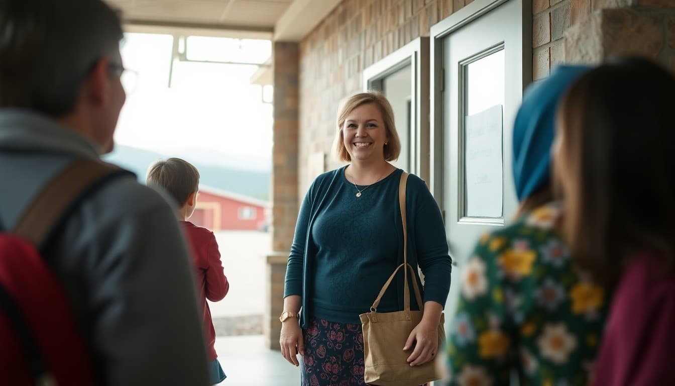 Idaho elementary school teacher greeting parents outside school in a small mountain town