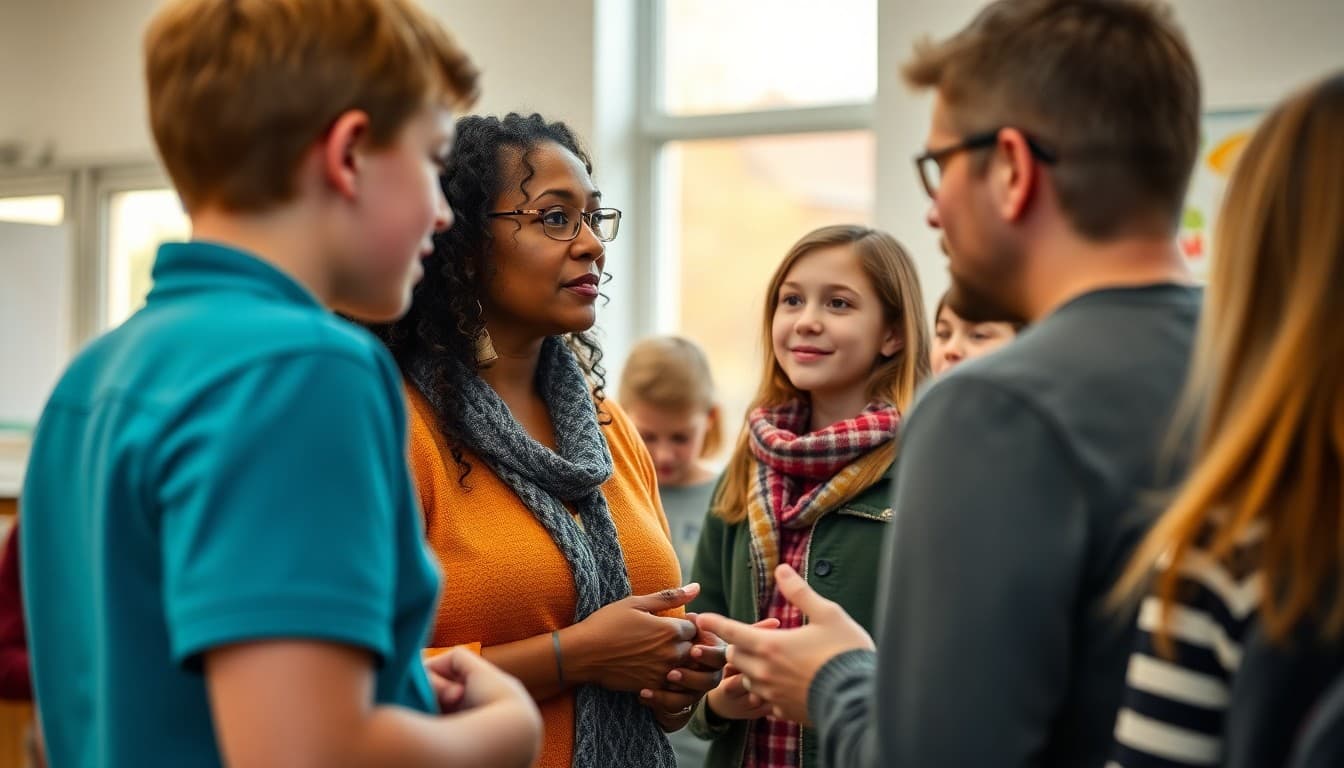Indiana elementary school teacher talking to parents at a school event in fall