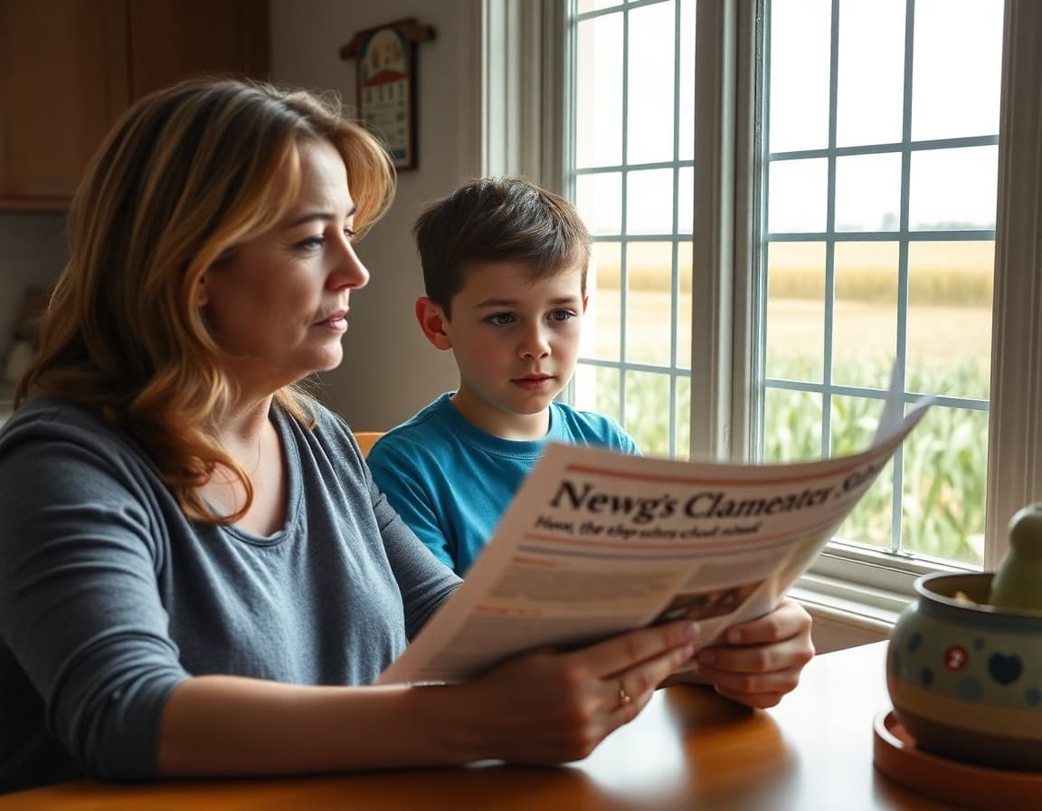Parent reading Indiana elementary school newsletter at kitchen table with corn fields outside window