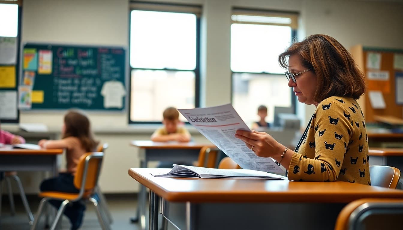 Indiana elementary school teacher reviewing newsletter at classroom desk in suburban Indianapolis school