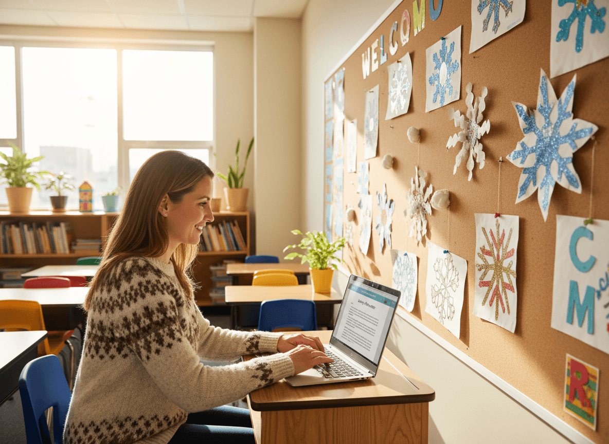 Elementary teacher writing January newsletter on laptop with snowflake art from students on wall behind