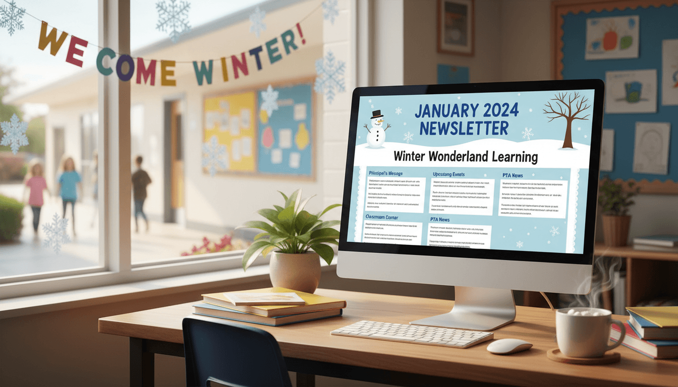 Elementary school January newsletter template displayed on computer screen with winter school hallway visible