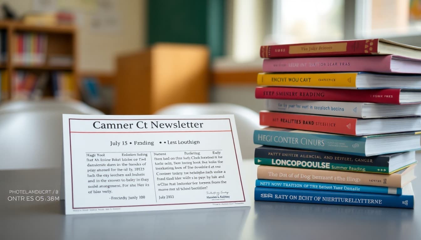 Stack of summer reading books beside a library card for a July school newsletter