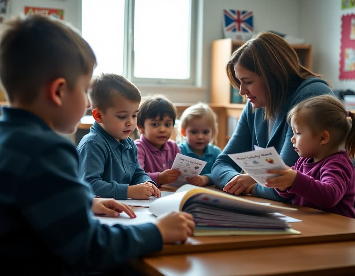 Students and teacher in a Kindergarten Newsletter: classroom engaged in a learning activity