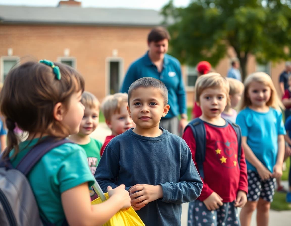 Elementary school children and teachers at an outdoor event at a Kansas school