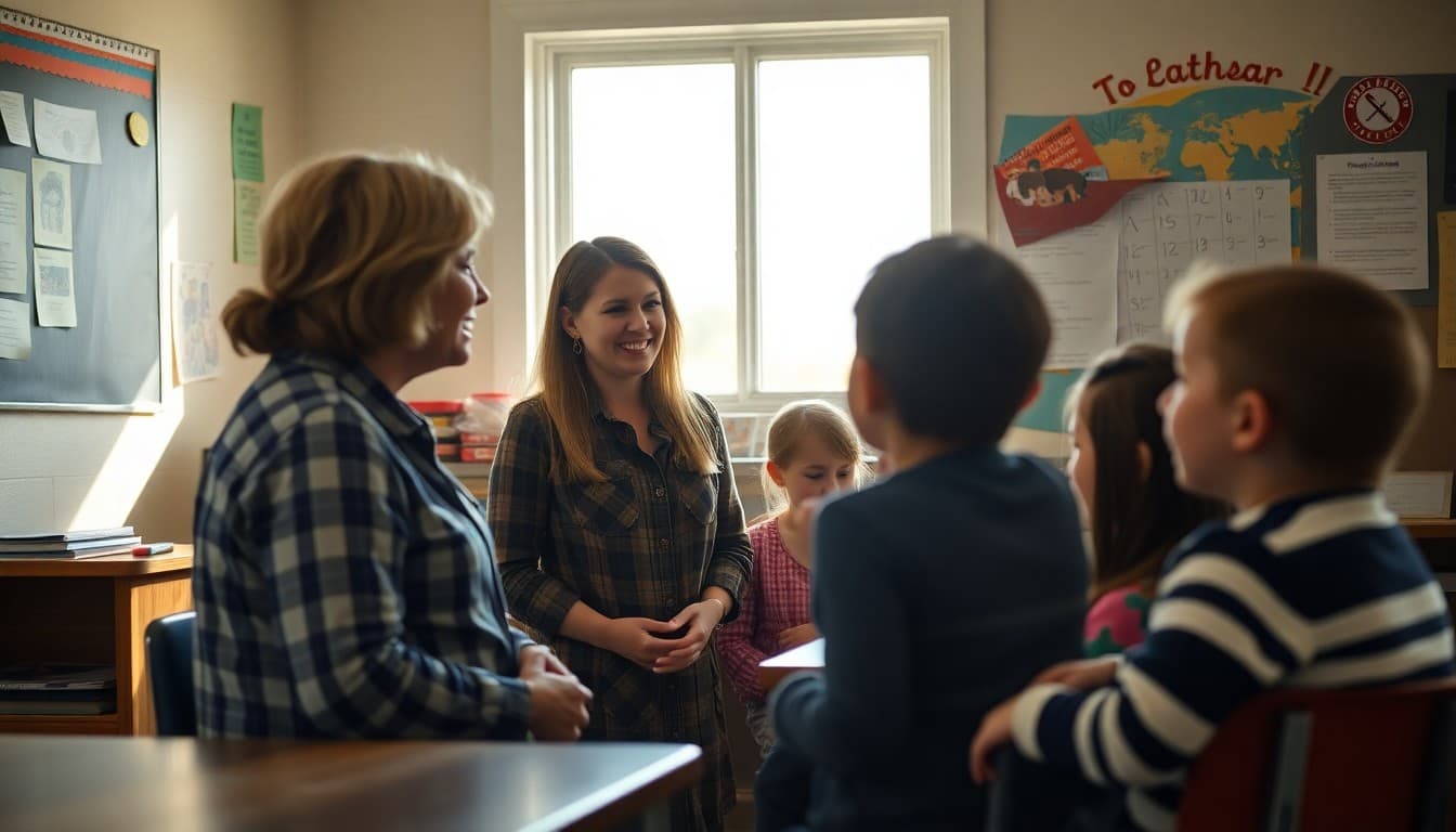 Kansas elementary school teacher talking with parents in a prairie town school community