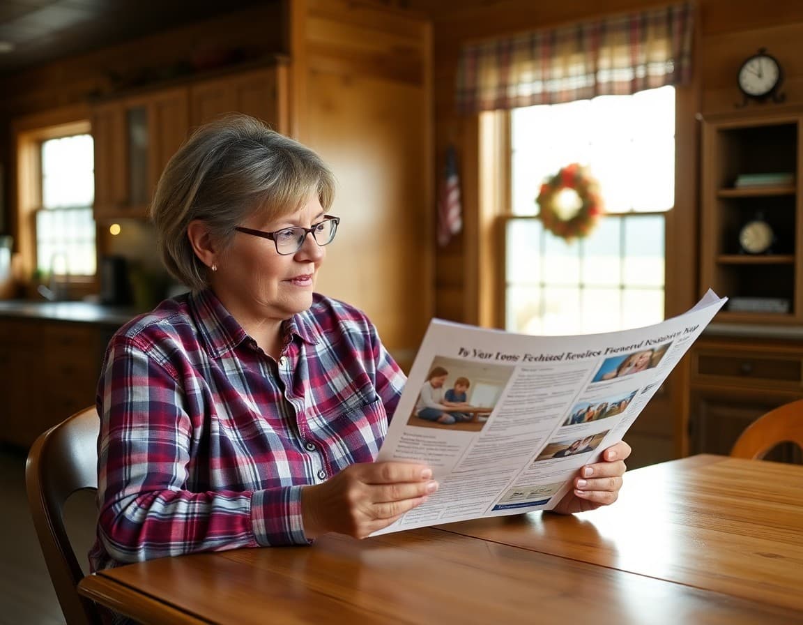 Parent reading Kansas elementary school newsletter at farmhouse kitchen table in wheat country