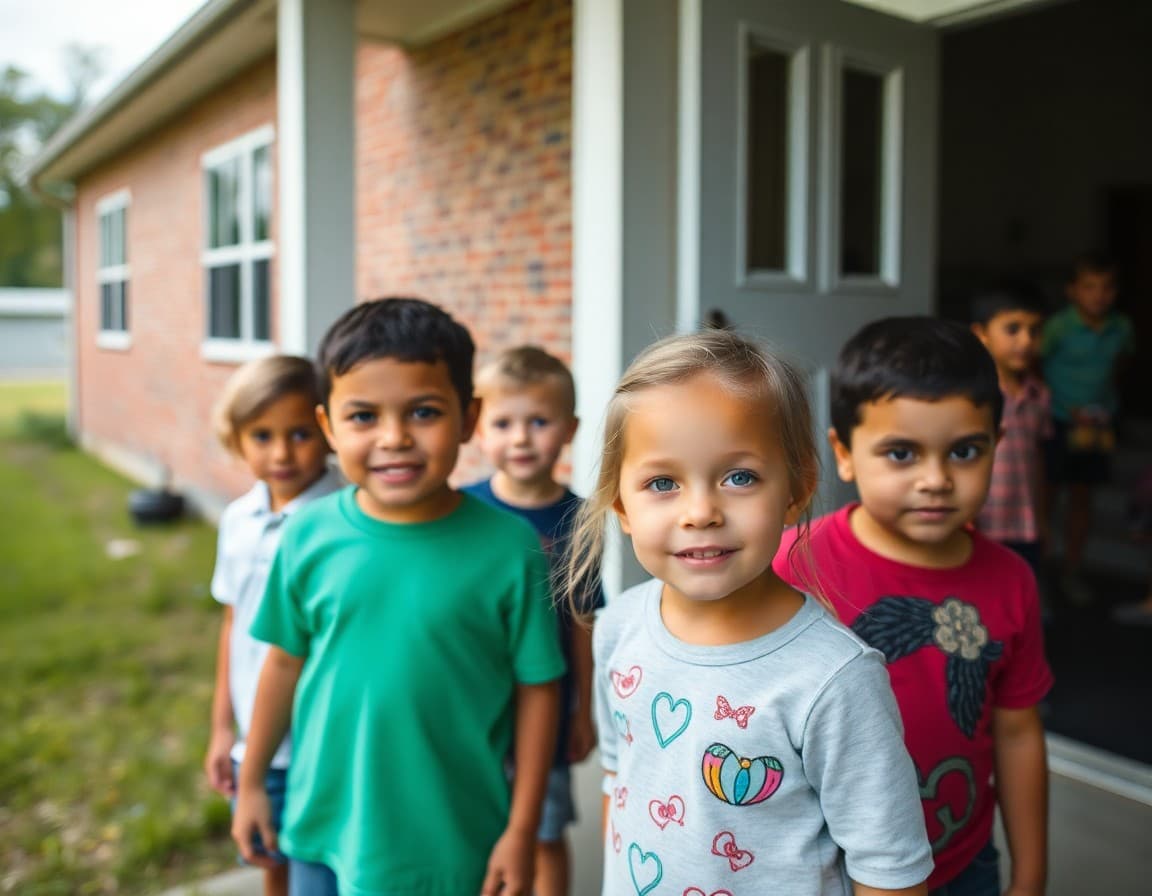 Elementary school children outside a Kentucky school in a rural community setting