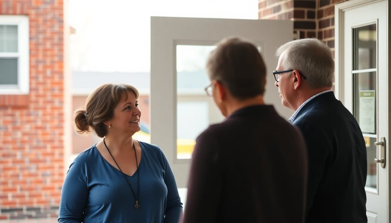 Kentucky elementary school teacher and parent talking outside a school in a small town