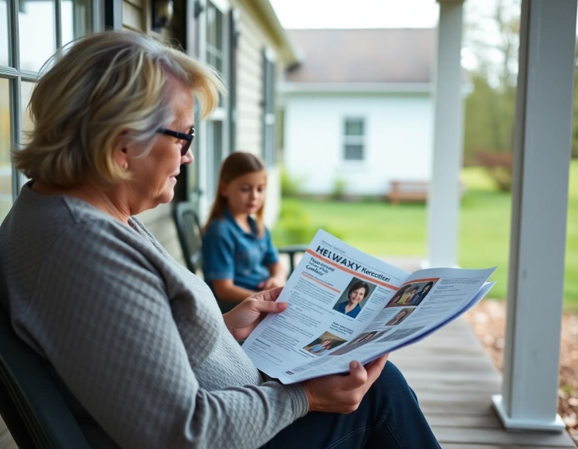 Parent reading Kentucky elementary school newsletter on porch of farmhouse in the Bluegrass region