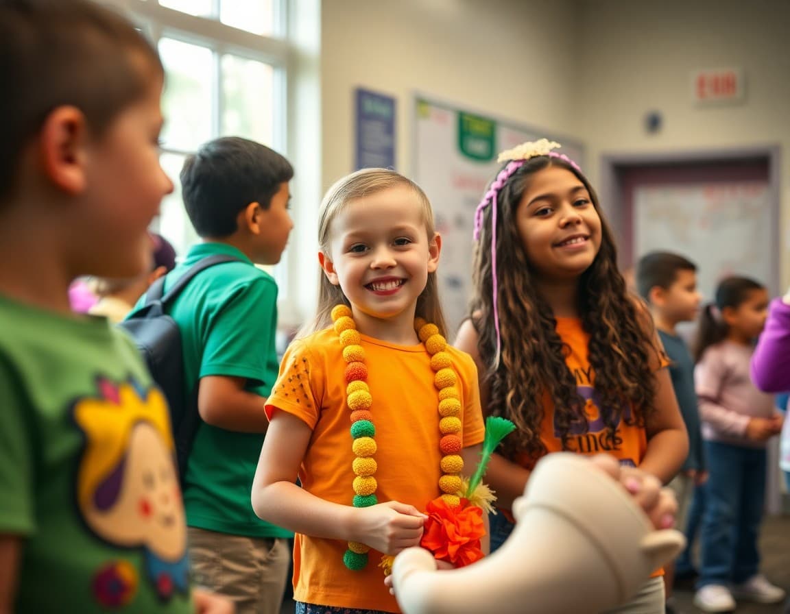 Elementary school families at a Louisiana school Mardi Gras parade event