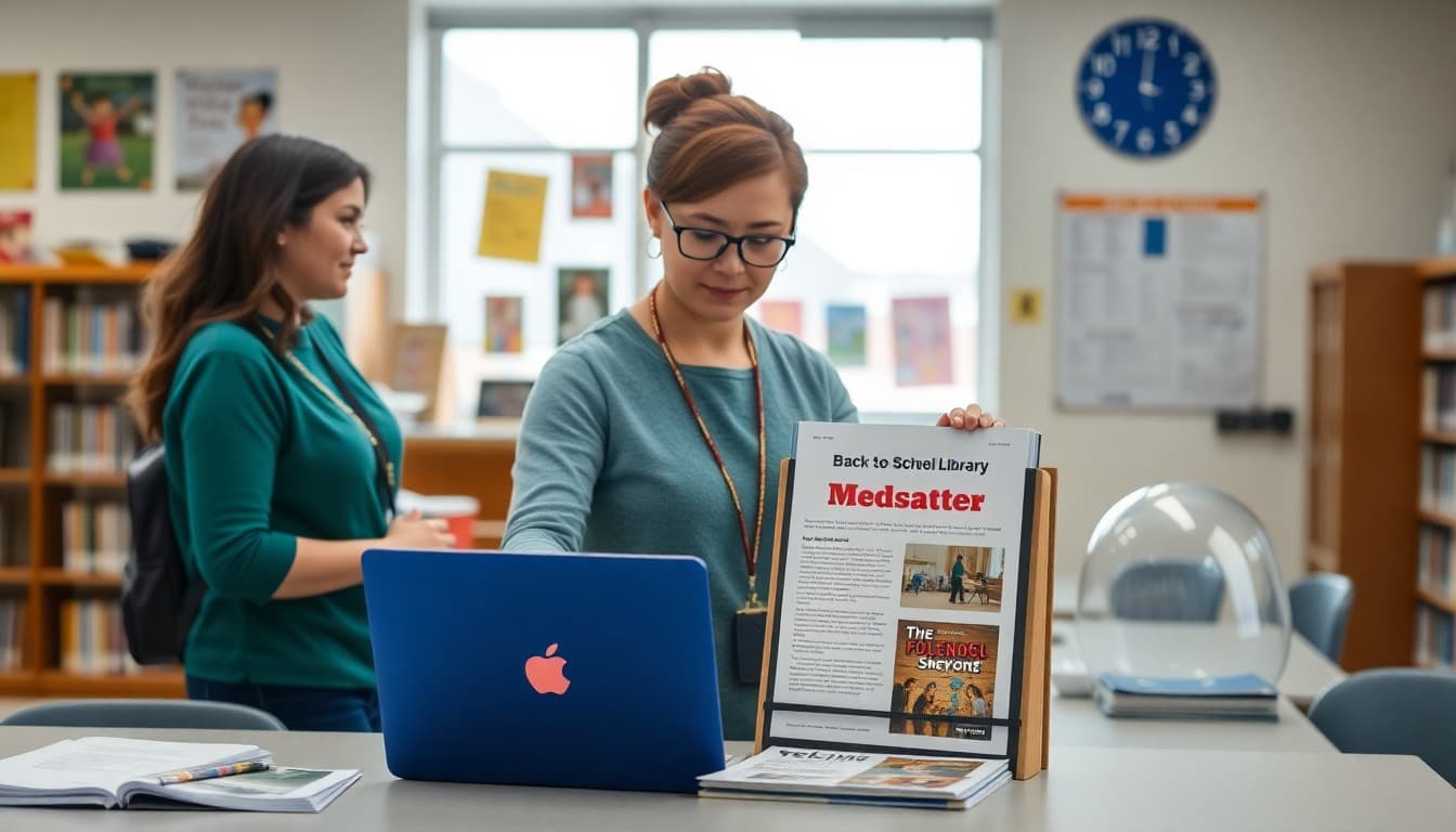 School librarian setting up back to school library display with newsletter on welcome table