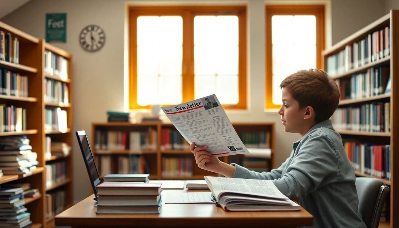 School librarian reviewing monthly newsletter template at library desk surrounded by books