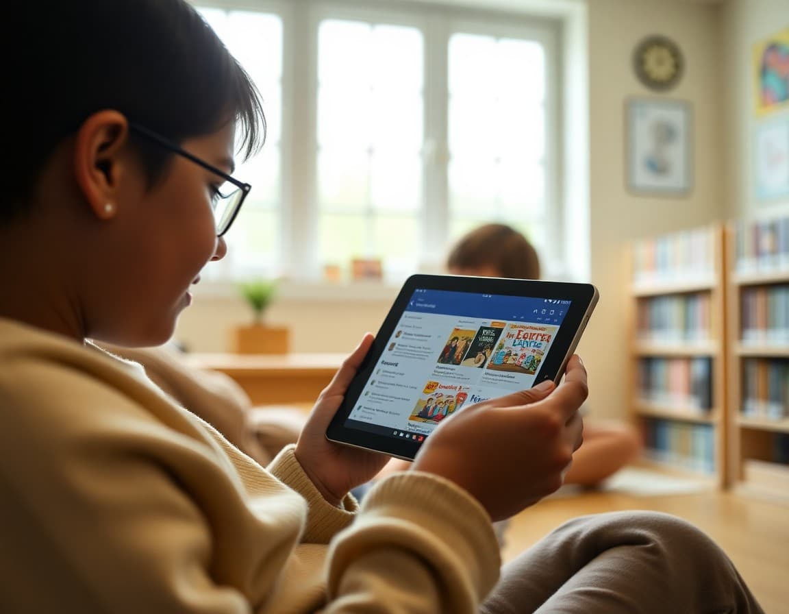 Parent browsing school library digital resources on tablet at home based on librarian newsletter