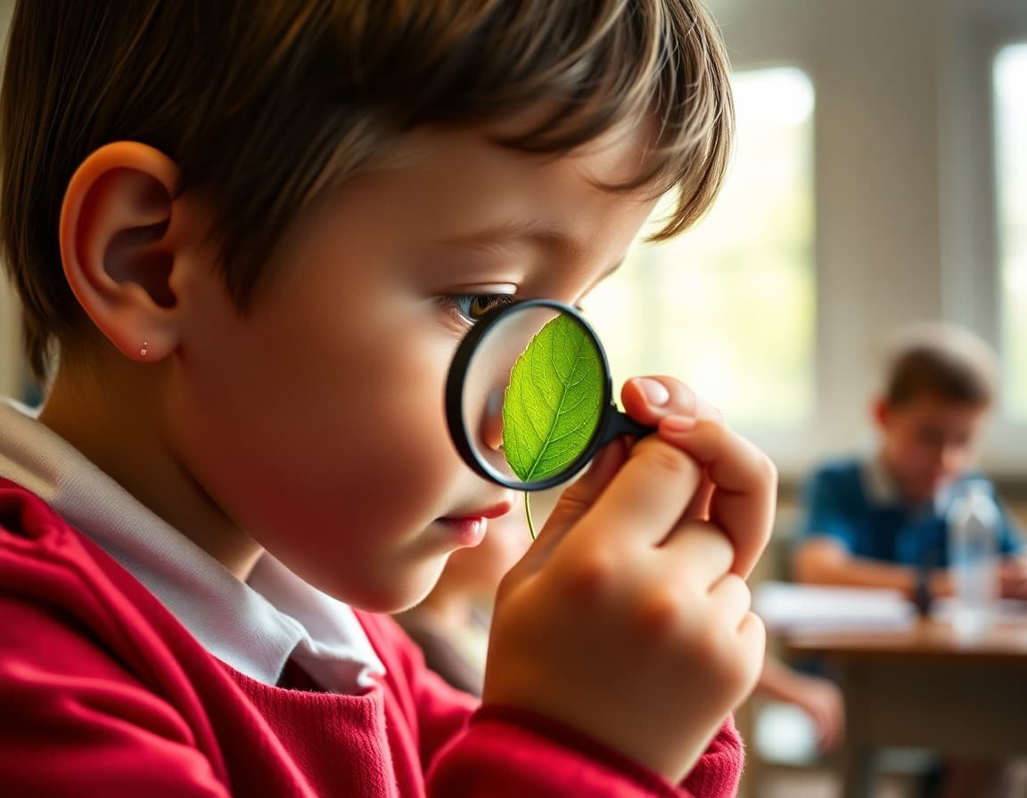 Close-up of a young student examining a leaf with a magnifying glass in science class