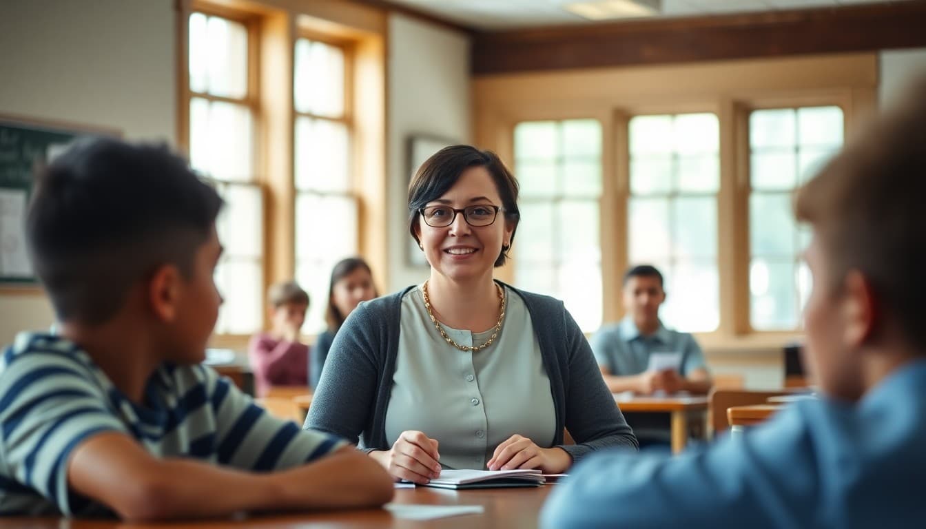Massachusetts elementary school teacher at a parent-teacher conference in a historic New England school building