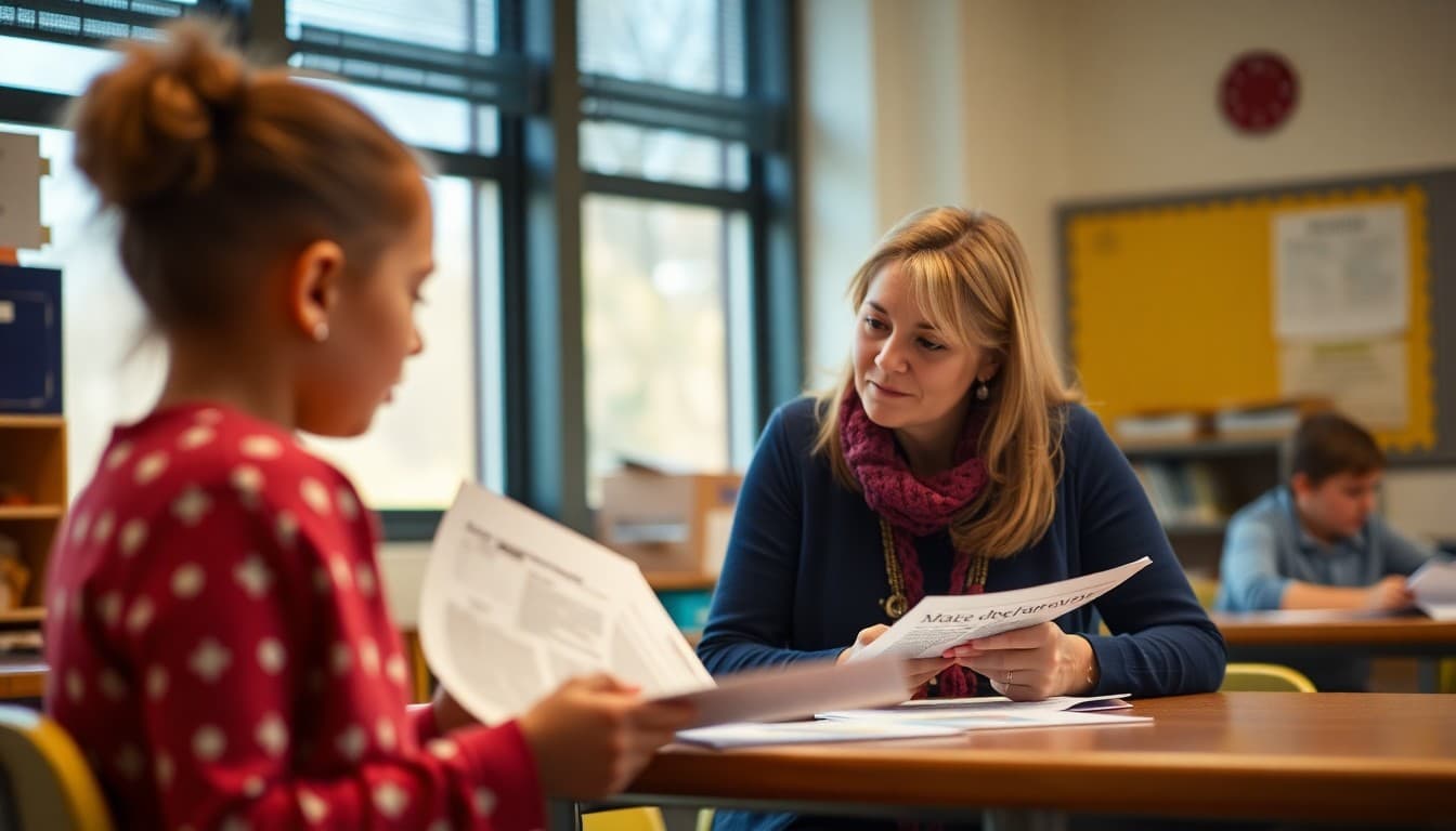 Massachusetts elementary school teacher reviewing newsletter drafts for K-5 parent communication