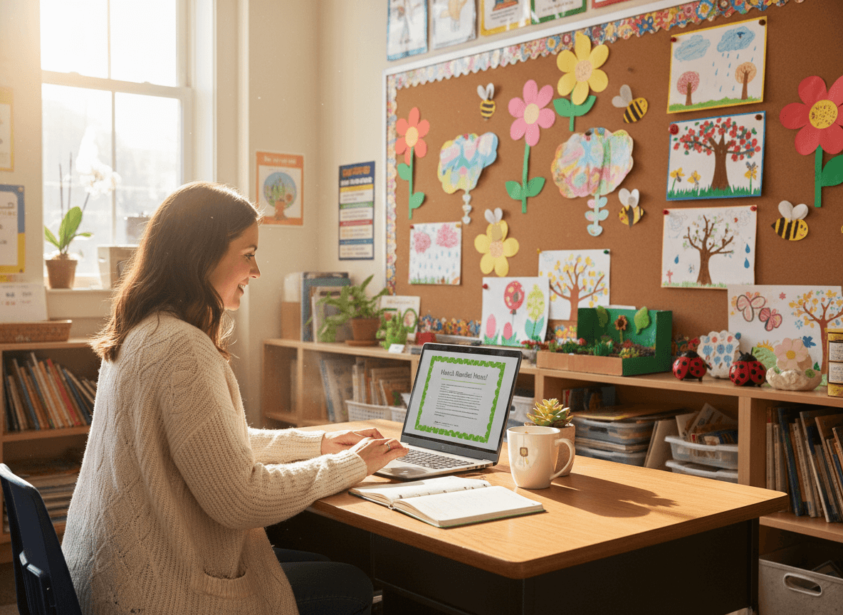 Elementary teacher composing March newsletter at desk with spring project display visible behind