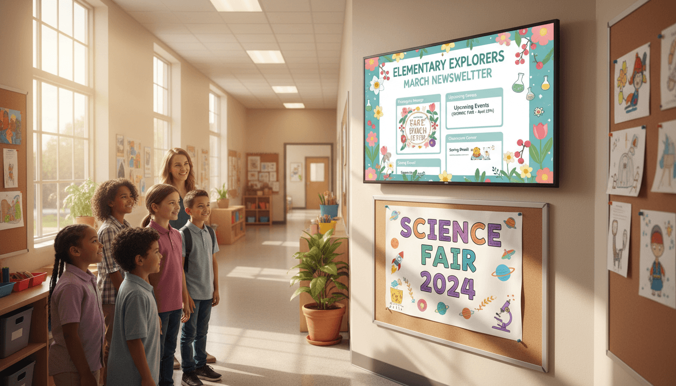 Elementary school March newsletter template on screen with spring flowers and science fair poster in school hallway