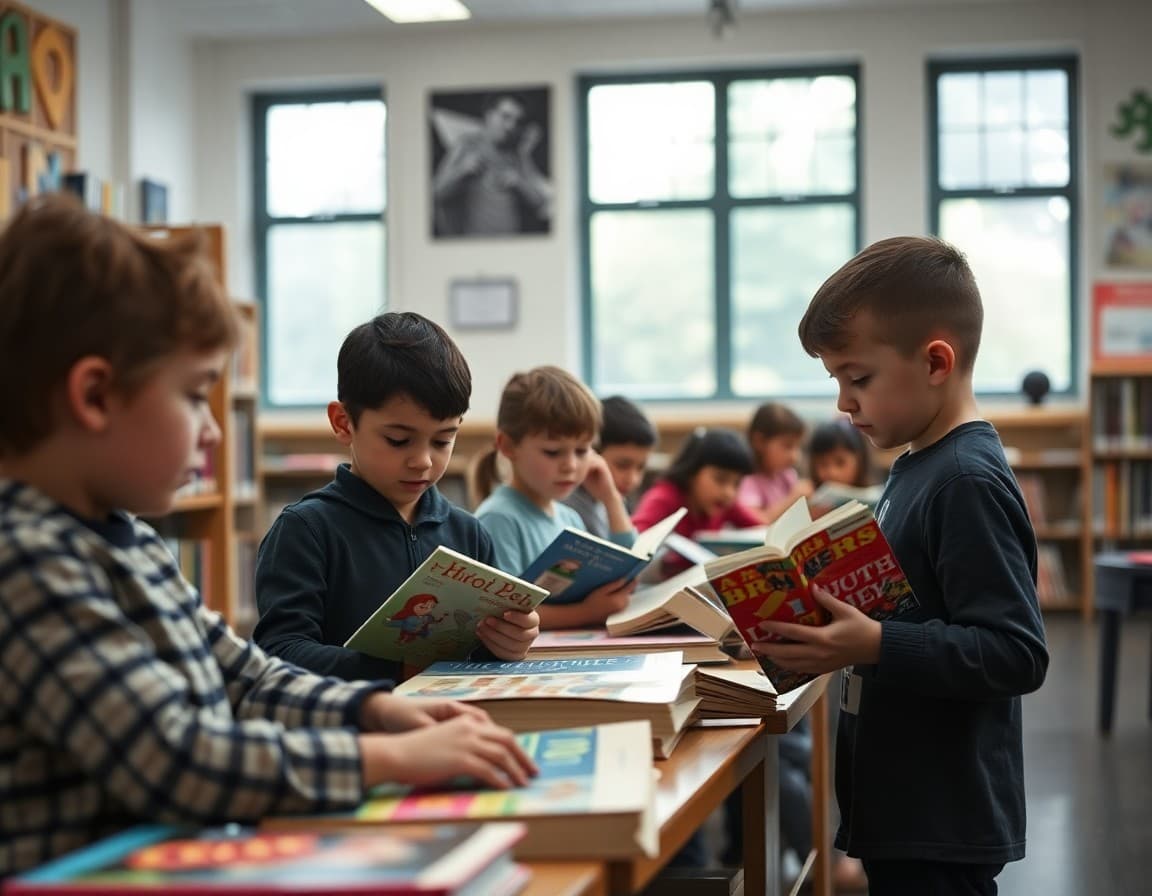 Children browsing books in an elementary school library during May