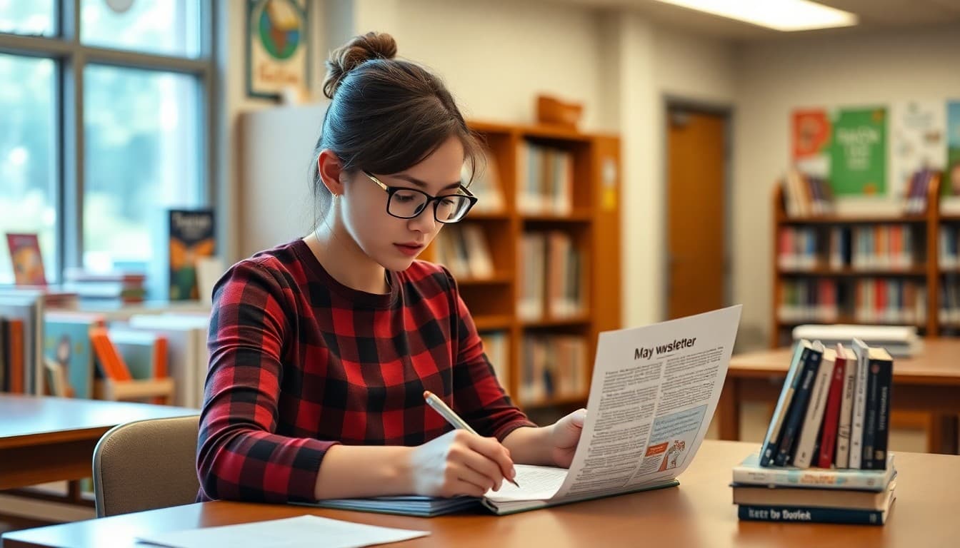 Elementary school librarian preparing a May newsletter at a library desk with books