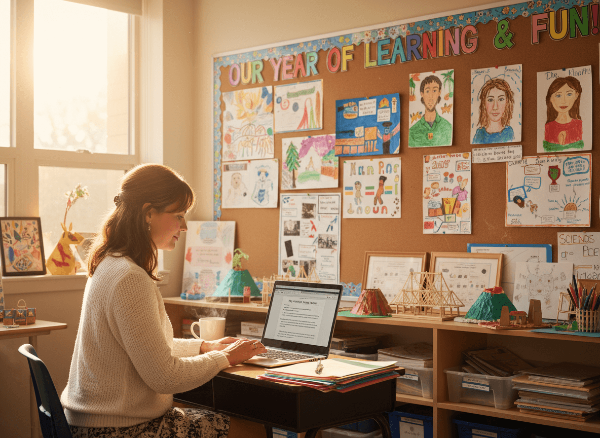 Elementary teacher writing end-of-year May newsletter at desk with student year-long projects on display