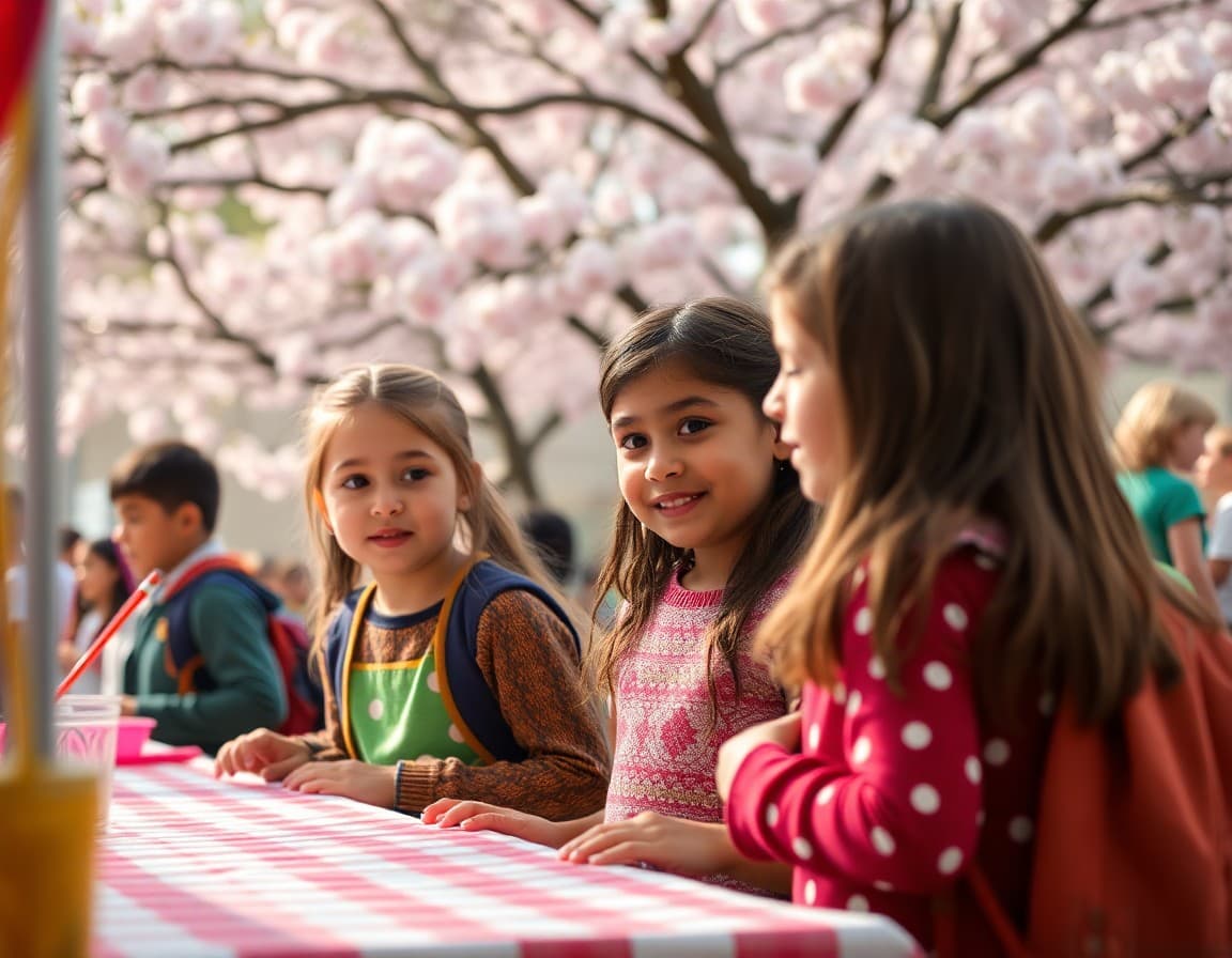 Elementary school families at a Maryland school spring fair with cherry blossoms in background