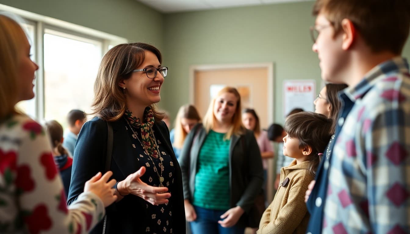 Maryland elementary school teacher greeting parents at a school event in a suburban community