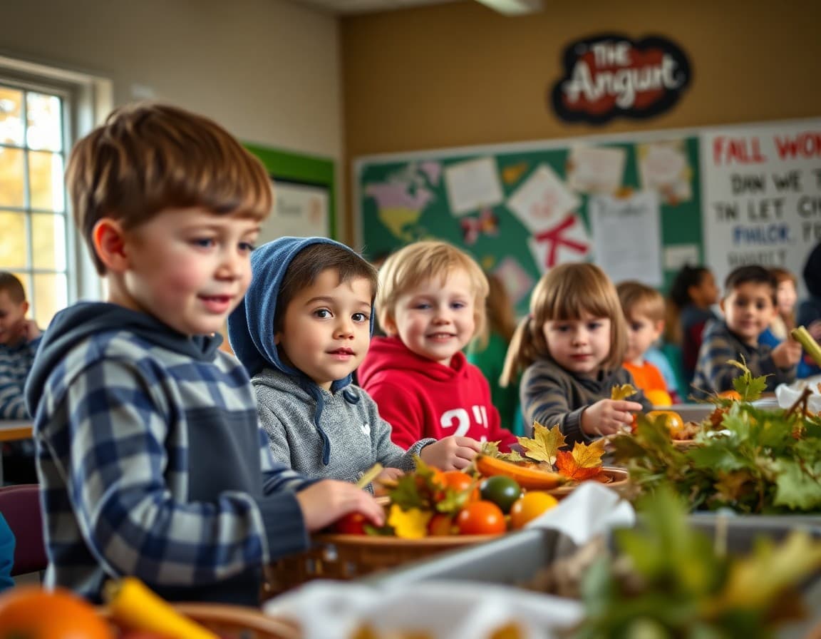Elementary school students at a fall harvest event at a Maine school with autumn foliage