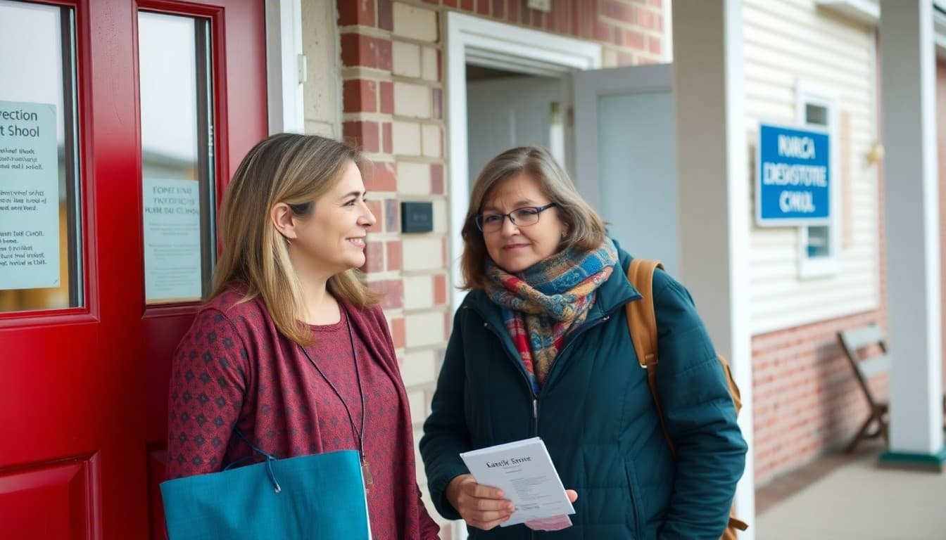 Maine elementary school teacher and parent talking outside a school in a coastal New England town