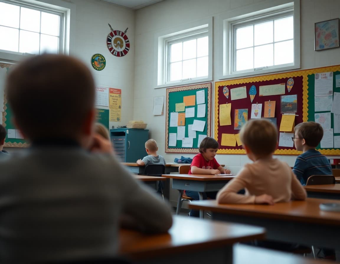 Elementary classroom in Maine with student work displayed on bulletin boards